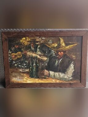 VINTAGE OIL ON CANVAS  Western Bar Scene Oil Painting SIGNED BY F. DRESSEN 29X41